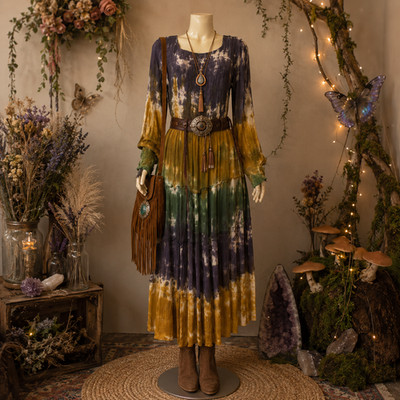 Frazzle Dress Womens S Boho Tie Dye Maxi Earthy Hippie Gypsy Long Sleeve Fairy