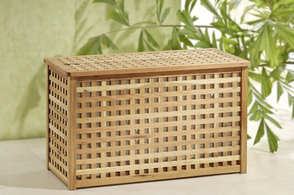 Wäschetruhe breite Wäschebox +Leinensack Walnuss Holz - Bild 2 von 3