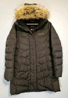  Marmot Strollbridge Parka Womens Small Blue/Black 700 Down Jacket Faux Fur Hood