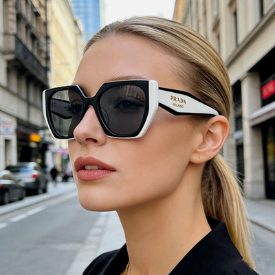 Prada PR 15WS Oversize Square Sunglasses Women Black White Frame UV400 Authentic