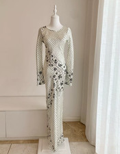 100% Mulberry Silk Maxi Dress Boat Neck Flare Sleeve Floral Dot Women Vacation B