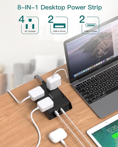 Tira de alimentación protectora contra sobretensiones, cable de extensión de enchufe plano de 5 pies con 4 canales de pared USB... - Imagen 4 de 8