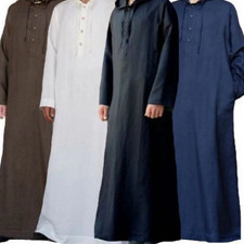Mens Saudi Jubba Dishdasha Muslim Long Sleeve Hooded Kaftan Cotton Maxi Thobe