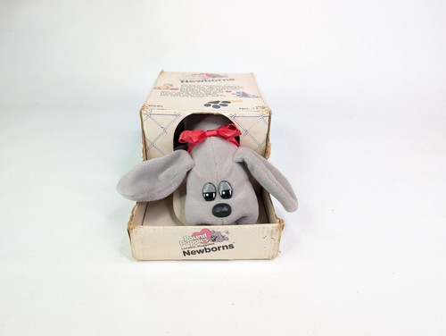 Vintage Tonka Pound Puppies 1985 Newborns 8" Plush 7807 Gray Red Bow In Box NEW! - Picture 2 of 8