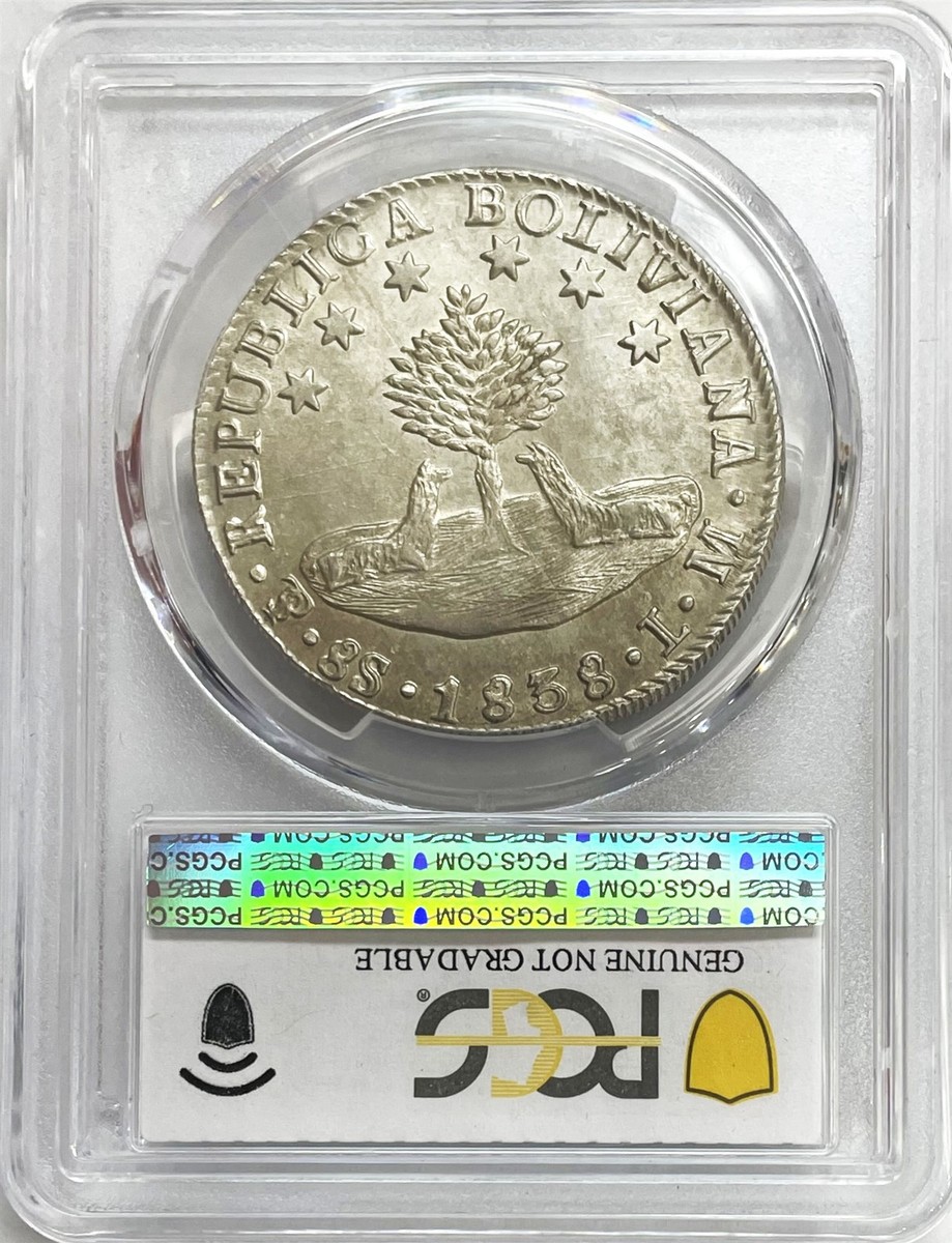1838 PTS LM SILVER BOLIVIA 8 SOLES COIN PCGS ABOUT UNCIRCULATED