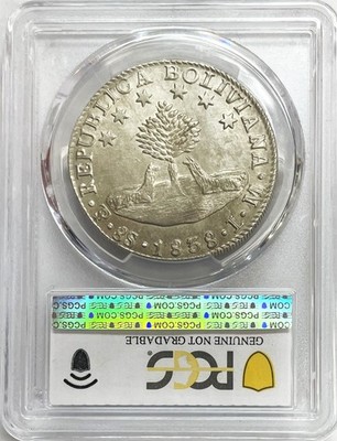 1838 PTS LM SILVER BOLIVIA 8 SOLES COIN PCGS ABOUT UNCIRCULATED