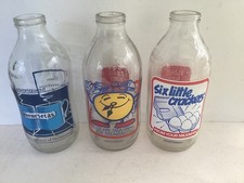 3 x Vintage Retro 1980s British empty Milk Bottles with advertising, 1 pint size