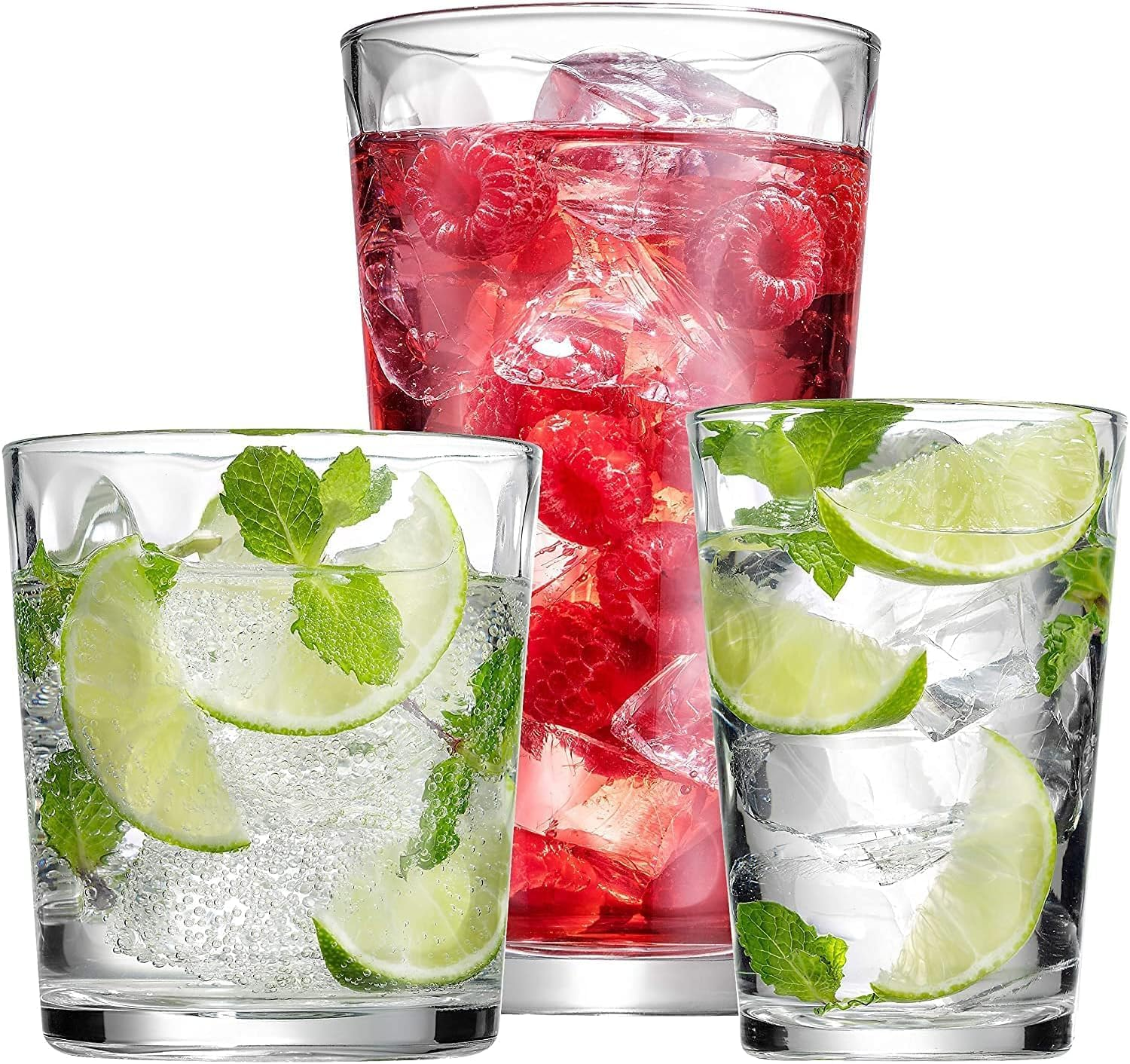 Set of 12 Elegant Stackable Drinking Glasses 4-17oz Highball 4-13oz Rock 4-7oz