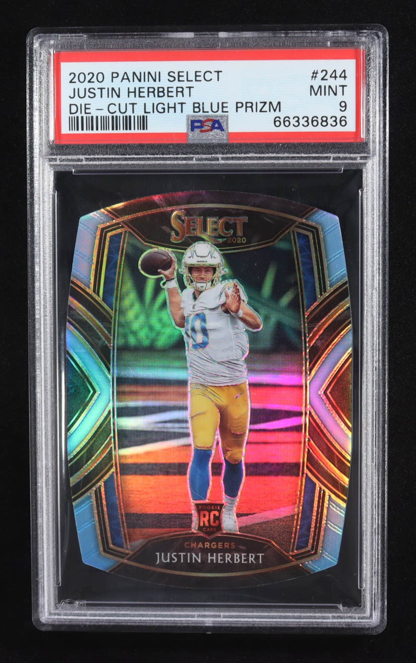 2020 Panini Select #244 Justin Herbert Die-Cut Light Blue Prizm PSA 9