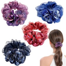 4 PCS Flower Hair Scrunchies for Women Rhinestone Elastic Hair Bands, Ponytail H