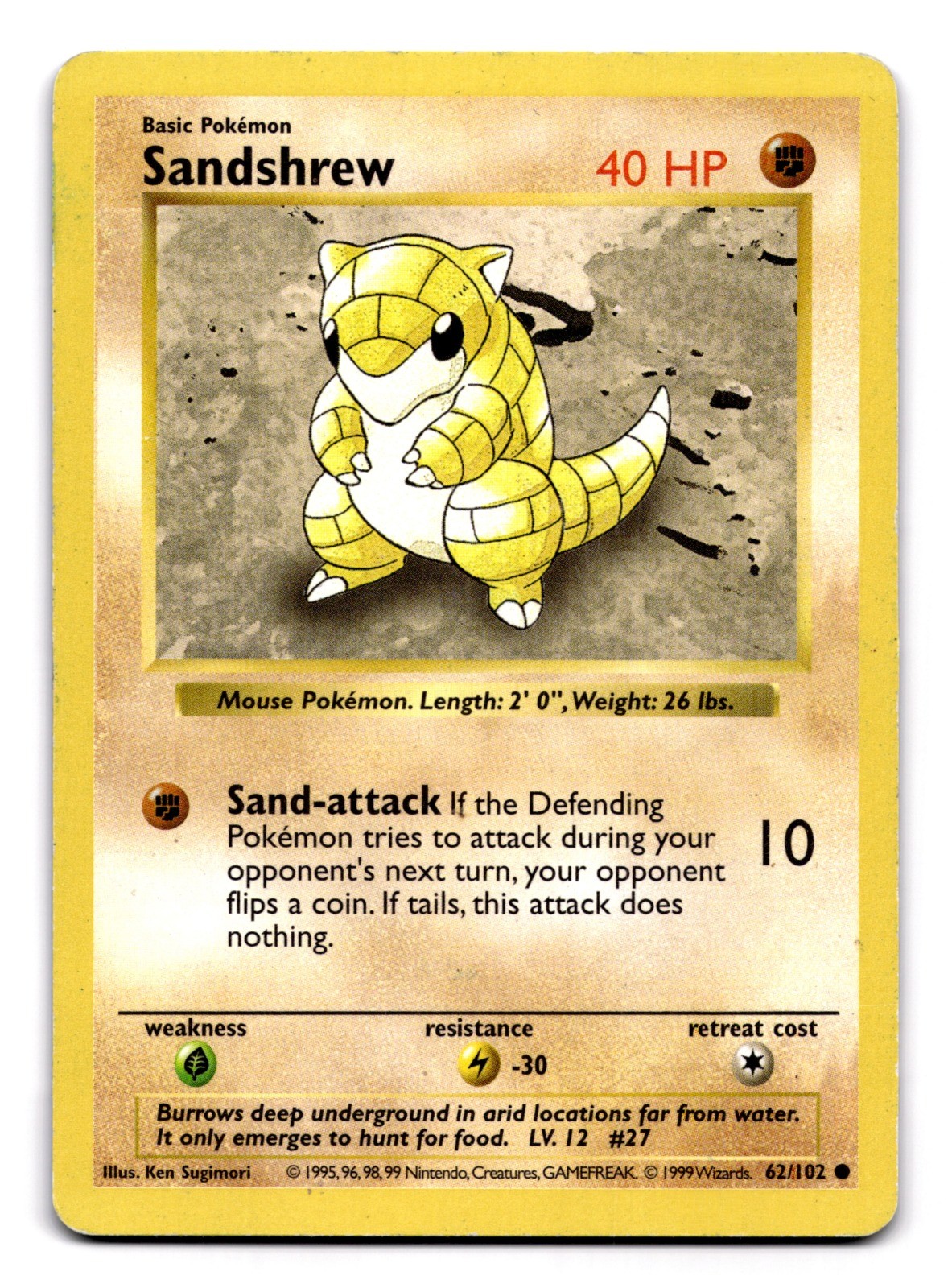 Sandshrew Unlimited Common Base Set (Shadowless) 062/102 MP 1999