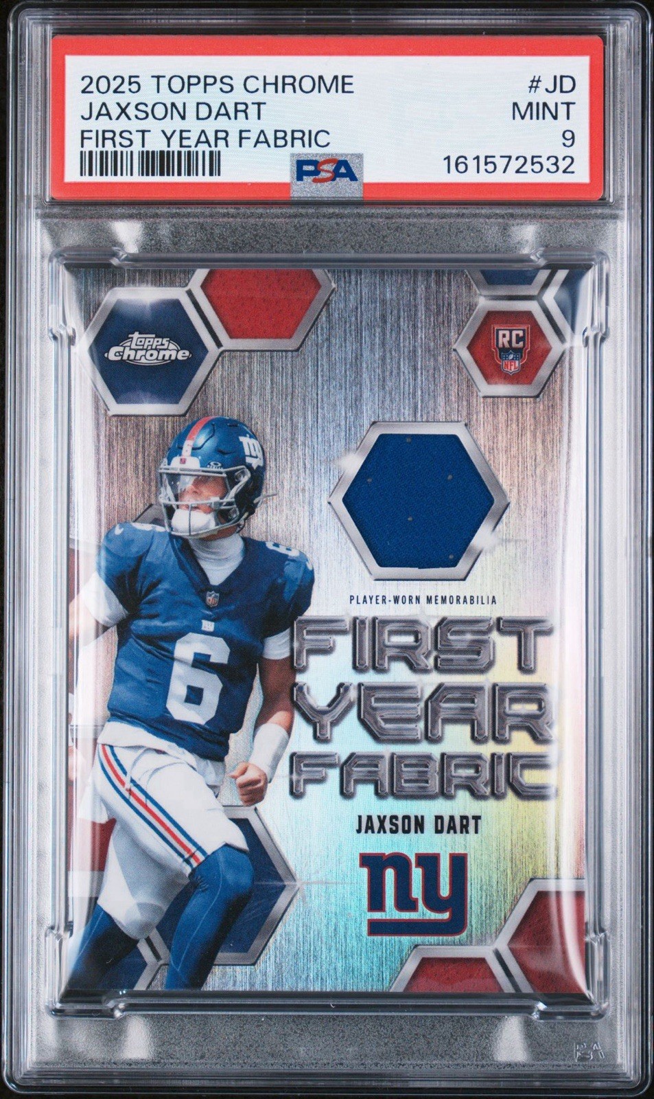 PSA 2025 Topps Chrome Football Player Worn Patch Jaxson Dart RC Giants