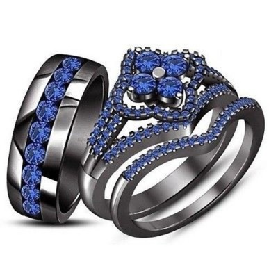 3ct Sapphire Wedding 14K Black Gold Plated His/ Her Simulated Band Ring Trio Set