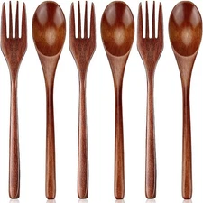 Wooden Spoon and Fork for Eating Utensil Set Lunch Wood Cutlery Brown 