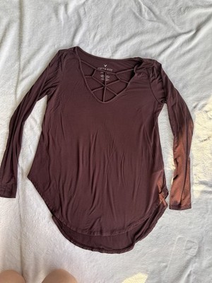 American Eagle Soft & Sexy Long Sleeve Top Small Mauve Criss Cross Neck Stretch