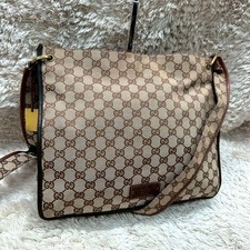 GUCCI GG Canvas Shoulder Bag Brown Leather Unisex Authentic Crossbody