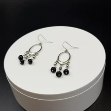 Vintage Victorian Revival Silver Tone Black Faceted Bead Dangle Hoop Chandelier