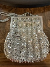 Vintage 1950s 60s Silver Beaded Sequin Evening Bag Handmade Hong Kong