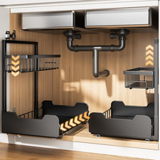 Adjustable 2-Tier Under Sink Organizer with Pull-Out Drawer - Black Metal