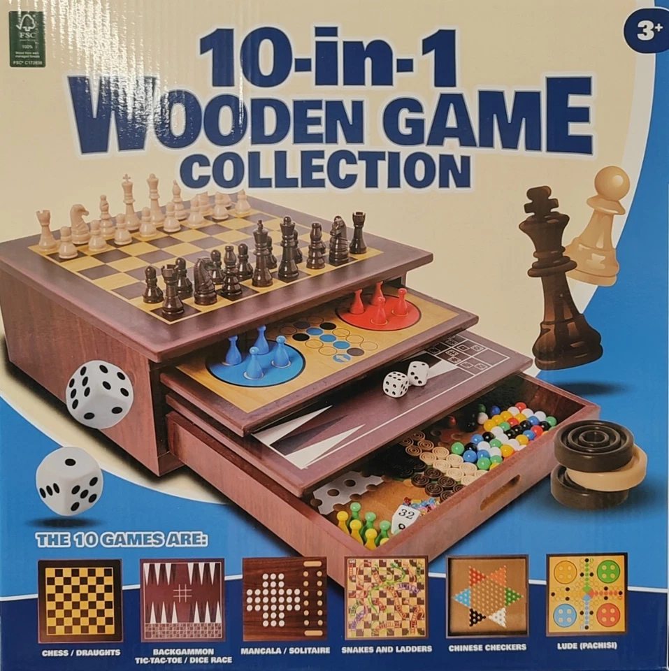 Holz Spielesammlung 10 in 1 Schach Dame Backgammon 35.5 x 30 x 36 cm - Bild 2 von 3