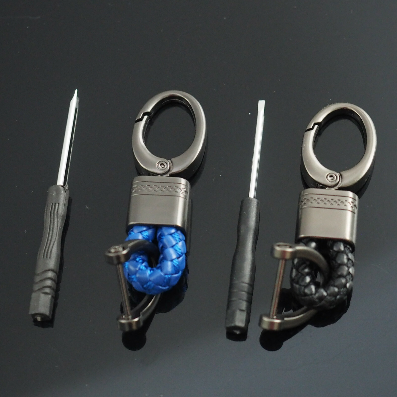 2pcs Blue & Black Woven Leather Fob D-Ring Buckle Keychain Key Ring Holder Clip