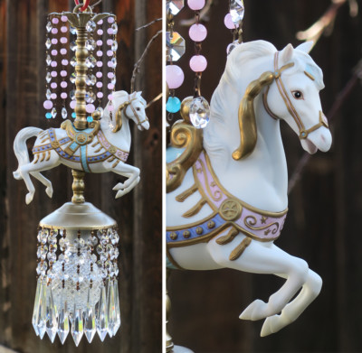 Excellent Collection 子供と馬の置物 Porcelain Horse Carousel Child Lamp SWAG Vintage lilac blue opalin