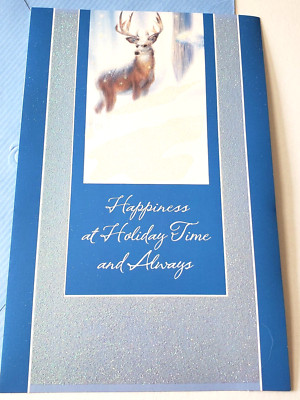 Christmas Card Glittery Snow Deer Buck Happiness at Holiday Time