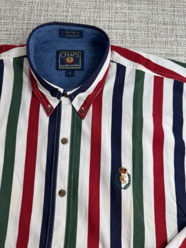 New Vintage 90s Chaps Ralph Lauren Bold Striped Crest Logo Button Down Shirt XL