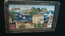 Primitive Country Print "Bay with Saltbox Houses and Sailboats" 8" x 11" framed