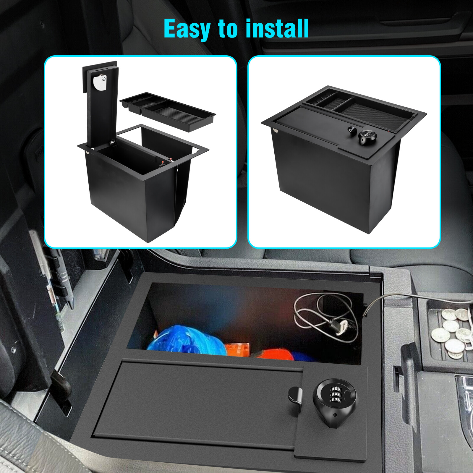 Hidden Car Gun Center Console Safe Box w/ Lock & LED For 2014-2021 Toyota Tundra