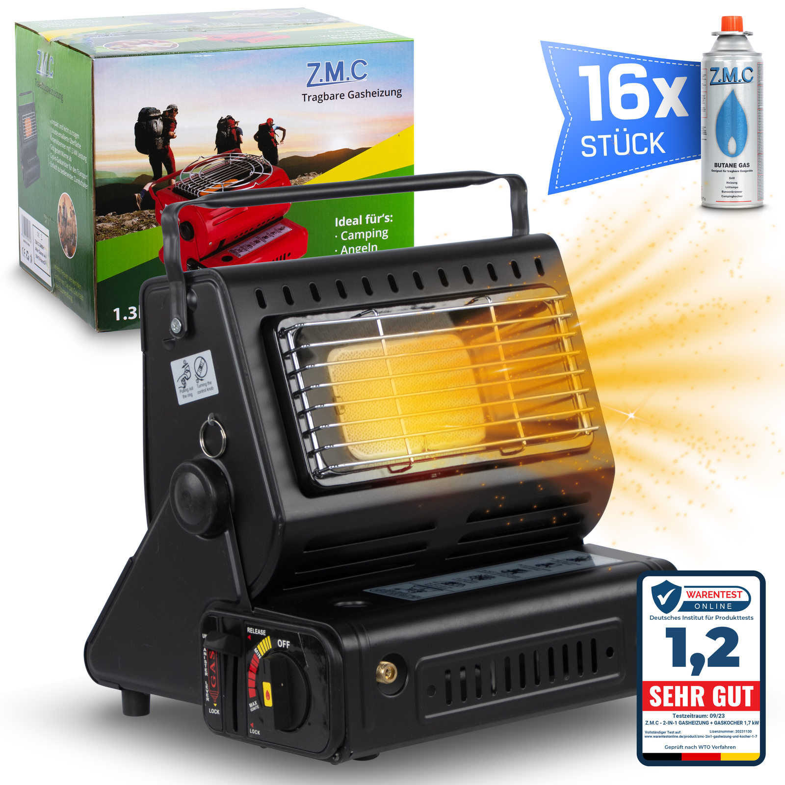 Calefacción de gas portátil 2 en 1 camping butano gas cerámica + 16 cartuchos de gas 1,3 kw