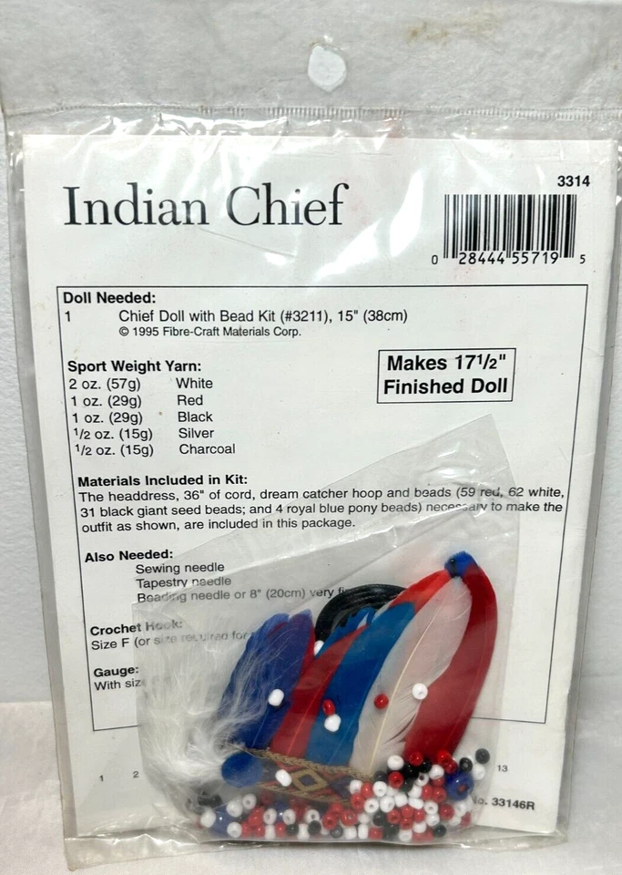 Fibre Craft Native American Indian Chief 17.5" Doll Crochet Pattern Kit 1995 C1 - Image 2 of 2