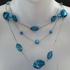 Multi Triple Strand Art Glass Necklace Aqua Blue Silver Tone Drop Beaded — photo 1