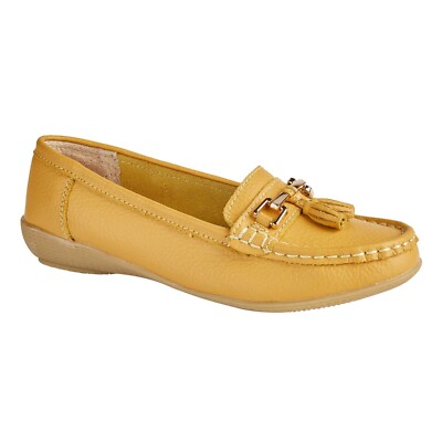 Damenschuhe gelb maritim Leder Slipper Sommer Halbschuhe Mokassin Quaste flach