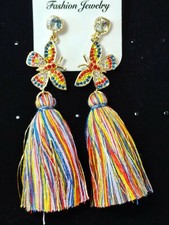 Butterfly Rhinestone Tassel Red Blue Yellow Gold Earrings