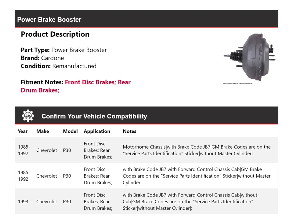 Para Chevrolet P30 1985-1993 Power Brake Booster Cardone 1986 1987 1988 1989 1990 Foto 2 de 4