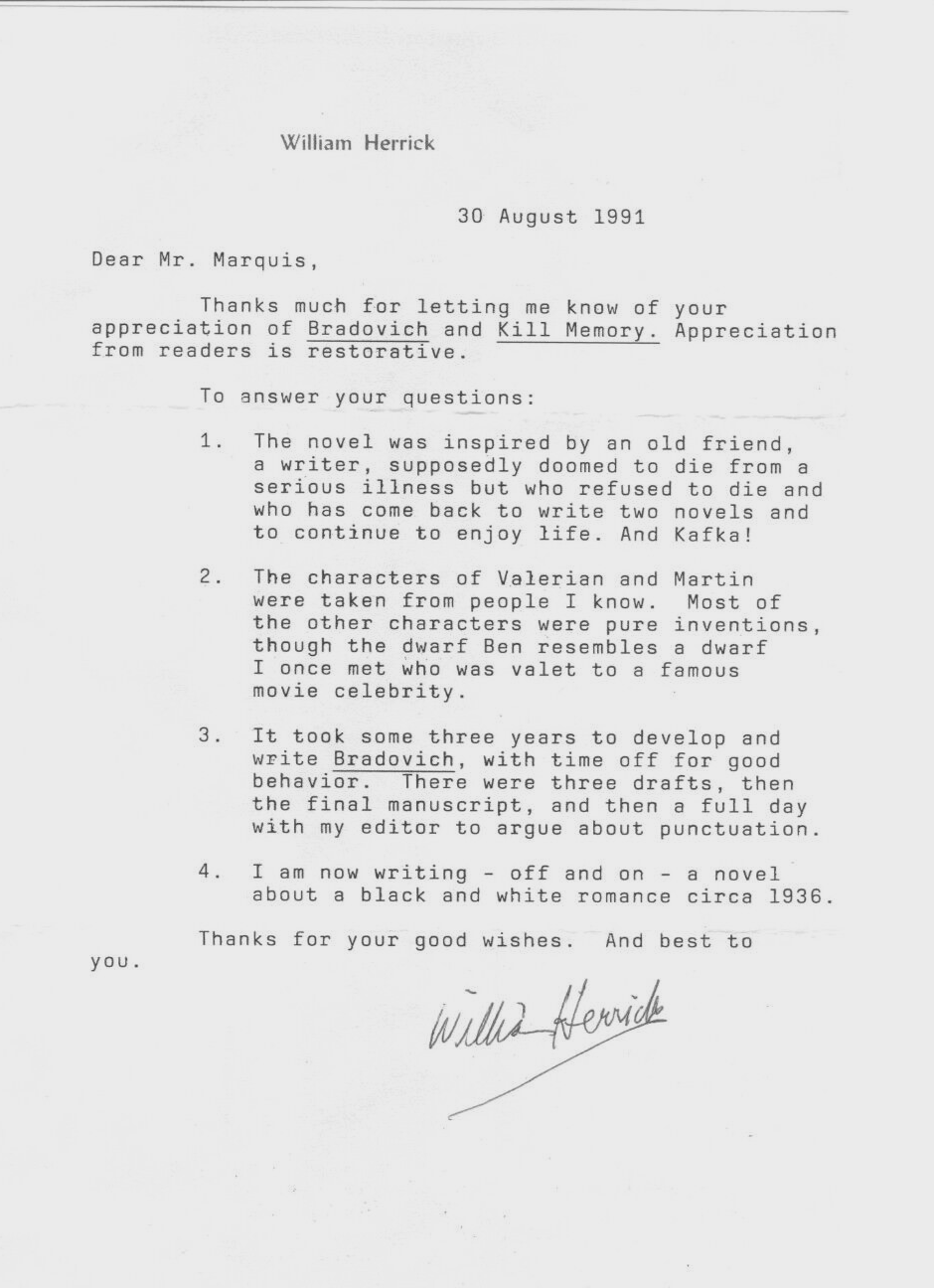 1 PAGE TYPED LETTER FROM WILLIAM HERRICK w/SIGNATURE ON HIS STATIONARY 8-30-91