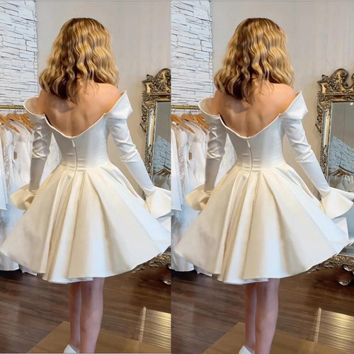 Short Satin Wedding Dresses Mini Long Sleeves Off Shoulder Simple Bridal Gowns - 第 4/10 張圖片