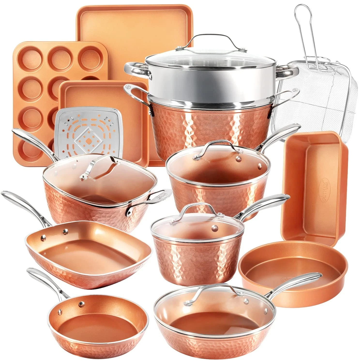 Ceramic Cookware Set 20 Piece Nonstick Pots Pans Oven Safe Gotham Steel Hammered
