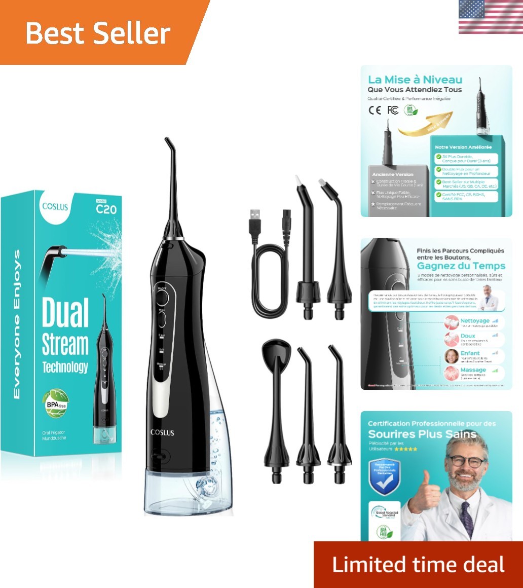 Jet Dentaire Portable COSLUS C20 de 300 ML Étanche pour Hygiène Buccale