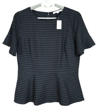 NWT LOFT Women's Lyocell Peplum Blouse Short Sleeve Striped Black White Size 6