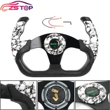 Universal U Shape Flat Drift Racing Leather Steering Wheel w/6 Holes Horn Button
