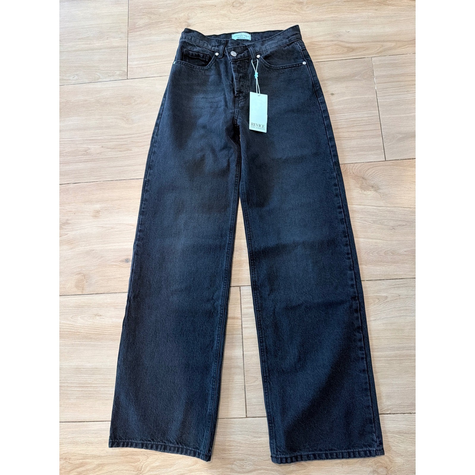 Revice Denim Venus Flares Jeans Washed Black Crossover Fly Wide Leg Size 23 NWT
