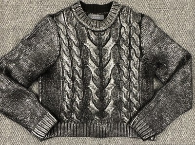 Women's Medium Silver Foiled Knit Cropped Sweater Cableknit Black Primark