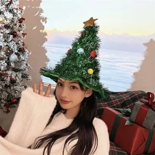 Green Christmas Tree Hat Funny Costume with Red Clown Nose