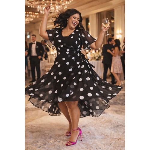 Estelle Polka Dot Midi Wrap Dress — 2X Black White Flutter Sleeve Wedding Guest