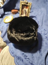 Vintage Black MINK Fur Hand Warmer Muff Hat Cossack Style Winter Accessory