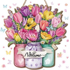 Spring Door Decor for Home 11.8 x 11.4 Inch Spring Welcome Door Sign Fresh Fl...