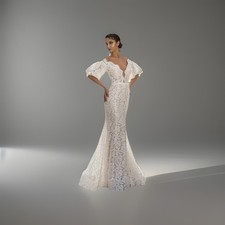 Tarik Ediz Ivory Lace Boho Off Shoulder Puff Sleeve Mermaid Wedding Gown XS