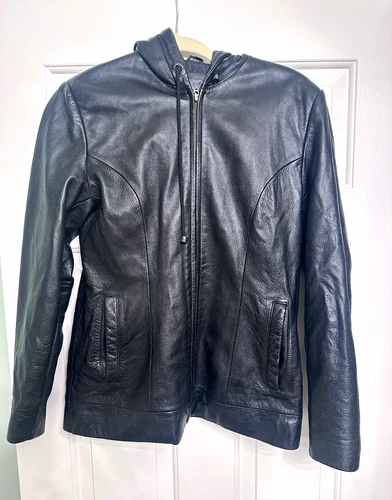 Jacqueline Ferrar Black Leather Hooded Full Zip Jacket Lined Short Length Size S - product listing photo